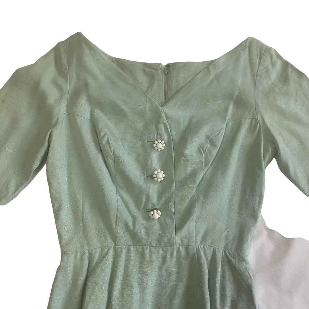 VINTAGE 1950s Josie Shield Mint Green‎ Shantung Fit & Flare Dress Midcentury S - Picture 5 of 15